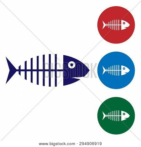 Blue Fish Skeleton Icon Isolated On White Background. Fish Bone Sign. Set Color Icon In Circle Butto