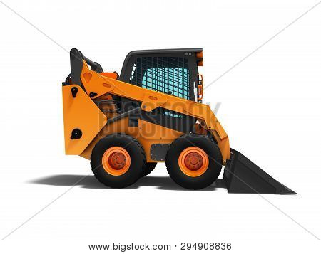 Orange Mini Loader With Protective Cabin With Ladle In Front For Work 3d Render On White Background 