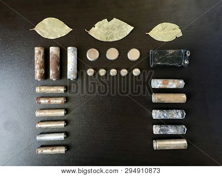 Corrosion-free Batteries.  Different Size And Shape. A Dry Leaves.  Recycling And Environmental Prot
