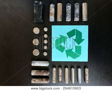 Corrosion-free Batteries.  Different Size And Shape. Sign Of Recycling And Protection Of The Environ