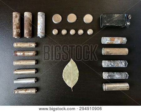 Corrosion-free Batteries.  Different Size And Shape. A Dry Leaves.  Recycling And Environmental Prot