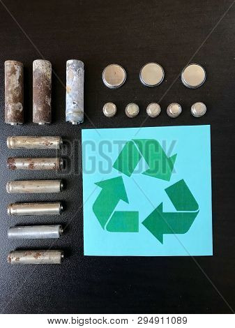 Corrosion-free Batteries.  Different Size And Shape. Sign Of Recycling And Protection Of The Environ