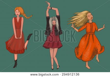 Three Girls In Red Dresses Are Dancing