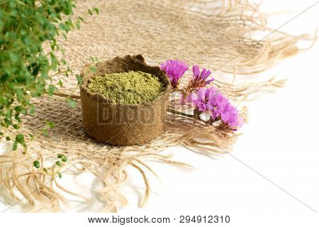 Henna Powder For Dyeing Hair And Eyebrows And Drawing Mehendi On Hands,  With Green  Leafs, Pink Flo