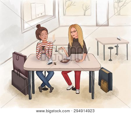 Girlfriends Drink Coffee After Shopping In A Coffee Shop