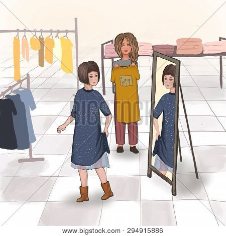 Girlfriends Try On A Dress In The Store