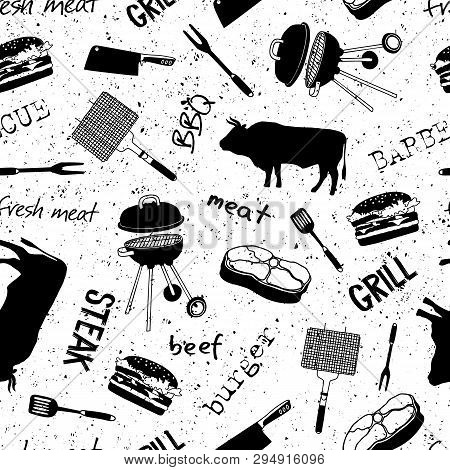 Pattern With Icons And Lettering: Beef, Steak, Grill, Meat Knife, Barbecue. Vintage Style. Butcher A
