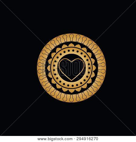 Ornament From Circles With Patterns From Keyholes, Petals, Small Flowers And A Gold Contour Of Heart