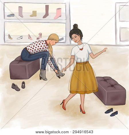 Girlfriends Try On Shoes In The Store