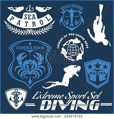 Set Of Scuba Diving Club And Diving School Design. Vector Illustration Isolated On Blue.