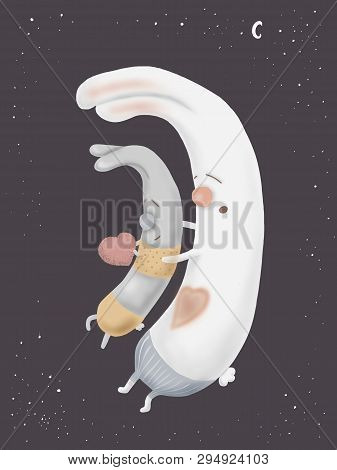 Postcard Couple Love Hares Sleep Black Background