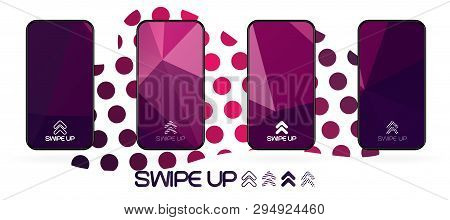 Triangular Polygonal Geometric Abstract Background With Swipe Up Icon. Bright Violet And Dark  Purpl