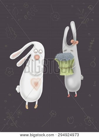 Postcard Couple In Love Hare Gives Flowers To Her Friend Black Background