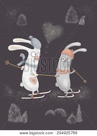Postcard Couple Lovers Hares Ski Black Background