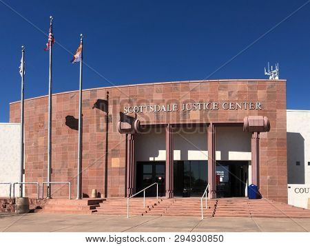 Scottsdale,Az/USA - 3.15.19:  Scottsdale Arizona Justice Center Court House Building.  Criminal cases in Scottsdale are administered at this justice centre building.