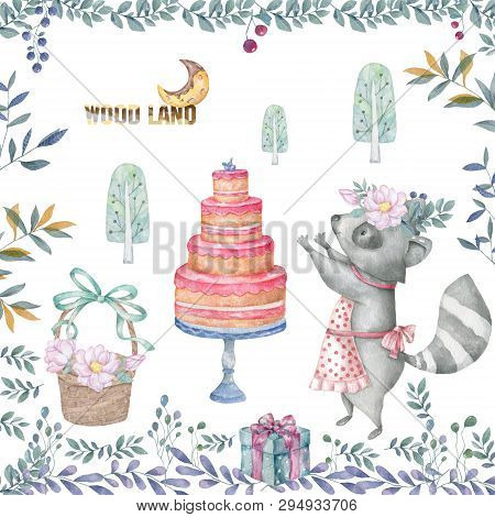 Cute Baby Roccoon With Tasty Cake Animal Isolated Illustration For Children. Bohemian Watercolor Boh