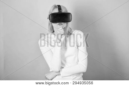 Excited Smiling Businesswoman Wearing Virtual Reality Glasses. Pretty Woman Playing Game In Virtual 