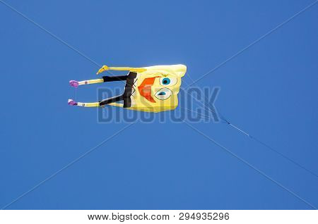 Cervia, Italy, April 2018: Many Colorful Kites In Different Shapes At Cervia International Kite Fest