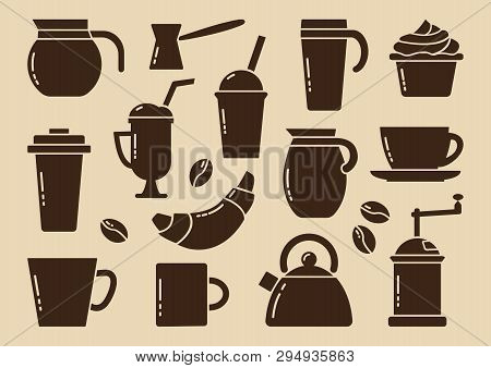 Brown Coffee Set On Yellow Background. Vector Illustration
