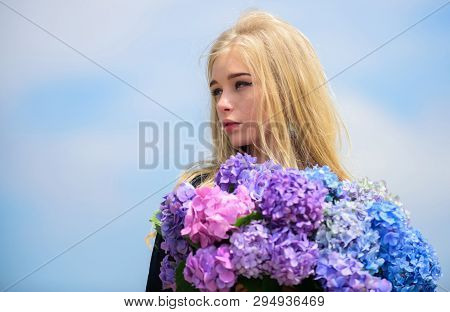 Pollen Allergy. Gentle Flower For Delicate Woman. Girl Tender Blonde Hold Hydrangea Flowers Bouquet.
