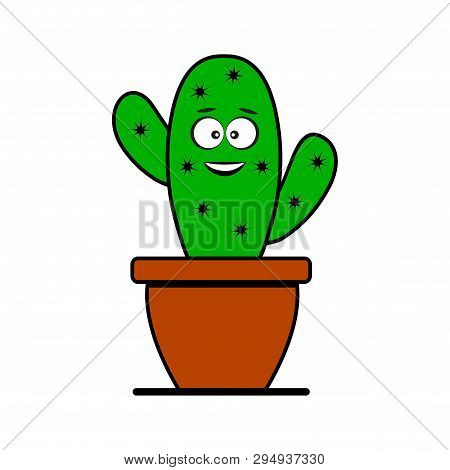Funny Emoticon Cactus In Pot. Stylized Character. Vector Illustration