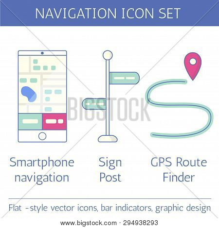 Flat Vector Icon Set Includes Smartphone Navigation Illustration, Sign Point, Gps Route Finder Icon.