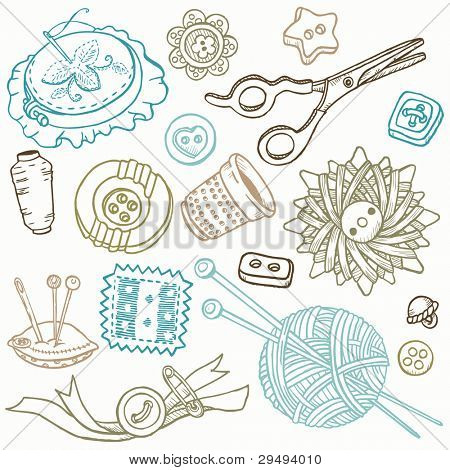 Sewing Kit Doodles - hand drawn design elements in vector