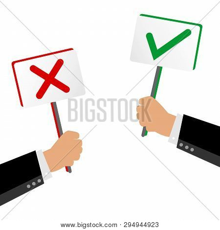 Businessman Holding A Board For Approval And Non-approval.  Symbol For Accept And Decline. Full Of C