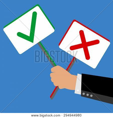 Businessman Holding A Board For Approval And Non-approval.  Symbol For Accept And Decline. Full Of C