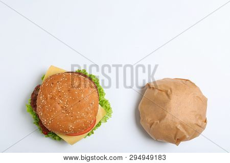 Fresh Burgers On White Background, Top View