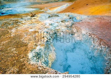 Fumarole Field In Namafjall, Iceland. Geothermal Beauty Landscape.