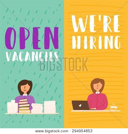 Vector Flat Girl Sitting At The Table With A Laptop. Vacancy For A Workplace. Designer Specialists. 