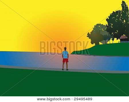 joven, viendo la puesta de sol en la playa