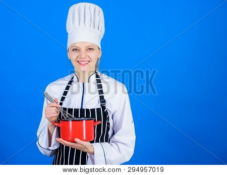 Best Whipping Techniques. Woman Chef Hold Whisk And Pot. Whipping Like Professional. Girl Whipping E