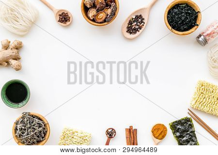 Geometric Design With Chinese, Japanese Products, Noodles, Weeds, Spices, Mushrooms On White Backgro