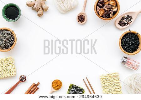 Geometric Design With Chinese, Japanese Products, Noodles, Weeds, Spices, Mushrooms On White Backgro
