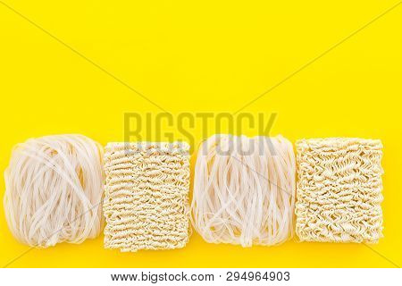 Geometric Design With Chinese, Japanese Products, Noodles, Rice Vermicelli On Yellow Background Top 