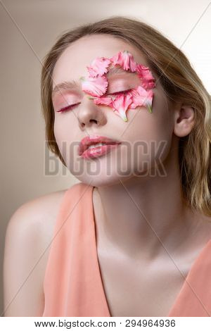 Blonde-haired Model Wearing Pink Dress Having Pink Eyeshades