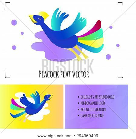 Flying Peacock Vector Illustration. Bird Isolated On White Background. Bright Colors And Gradients. 