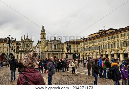 Turin, Piedmont, Italy. April 2019. Piazza San Carlo
