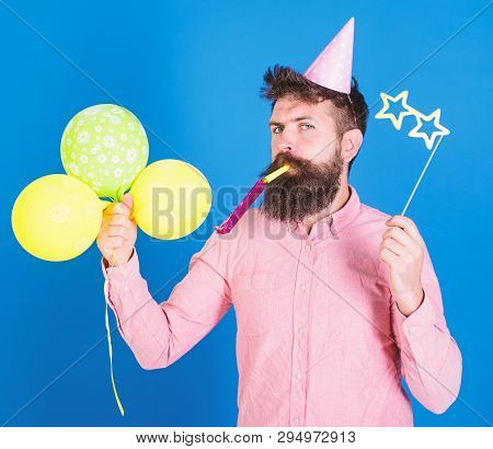 Entertainer With Colorful Baloons At Kids Party, International Childrens Day. Bearded Artist With Pa