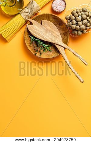 Spaghetti, Shimeji Mushroom, Olive Oil,  Pink Salt, Empty Wooden Bowl, Wooden Spoons For Salad Over 