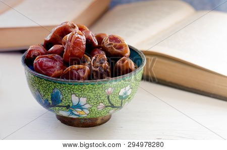 Still Life With Sweet Dried Date Palm Fruits On A Vintage Piala, Ramadan, Ramadan, Traditional Food.