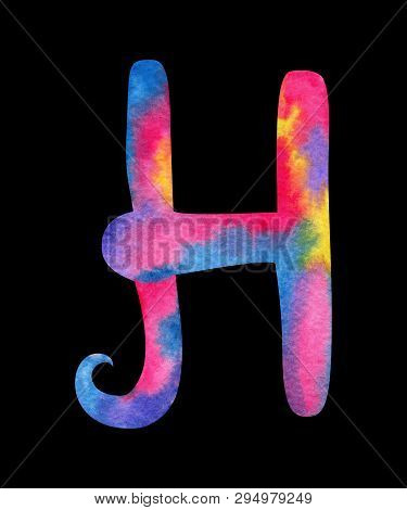 Hand Painted Watercolor English Letter H Whit Gentel Pink, Blue, Purple And Yellow Splashes