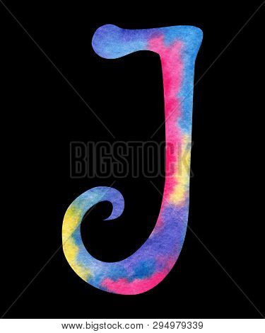 Hand Painted Watercolor English Letter J Whit Gentel Pink, Blue, Purple And Yellow Splashes