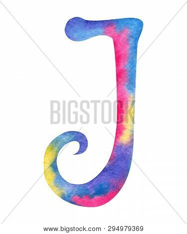 Hand Painted Watercolor English Letter J Whit Gentel Pink, Blue, Purple And Yellow Splashes