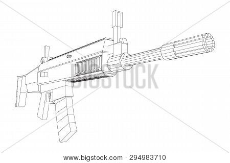 Assault Rifle, Automatic Fire Rifle Model Wireframe Low Poly Mesh Vector Illustration