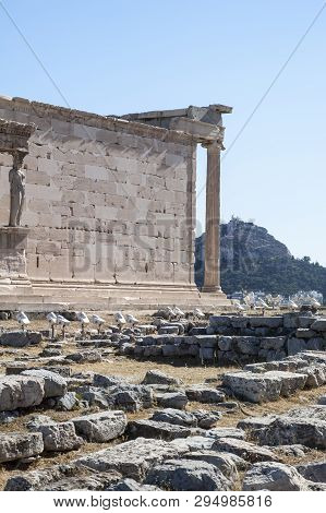Athens, Greece - 06/23/2013 - Panoramic Background With Acropolis, Porch Of Caryatids, Erechtheum Te