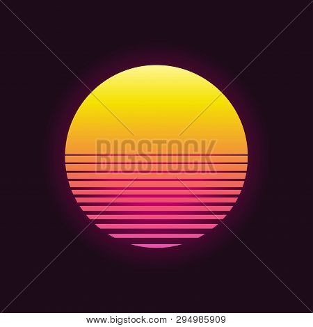 Retro Sunset In 80`s Style. Retrowave, Synthwave Futuristic Background. Template Design For Cyber Or