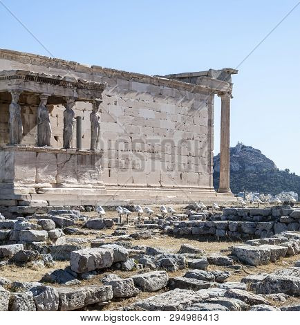 Athens, Greece - 06/23/2013 - Panoramic Background With Acropolis, Porch Of Caryatids, Erechtheum Te